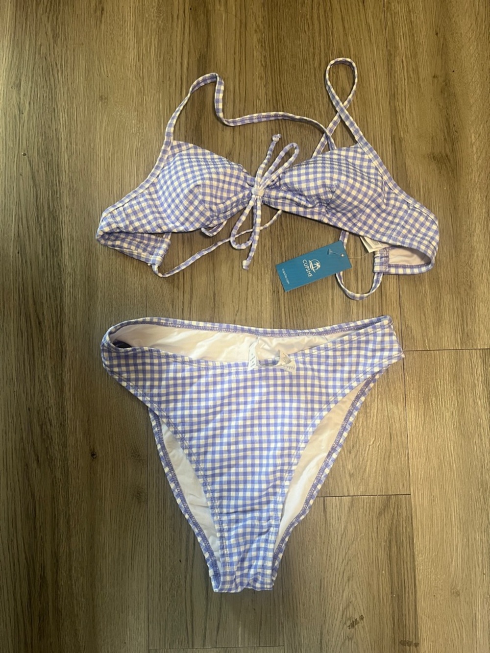 NWT Gingham Tie-Front Bikini Set in Light Blue